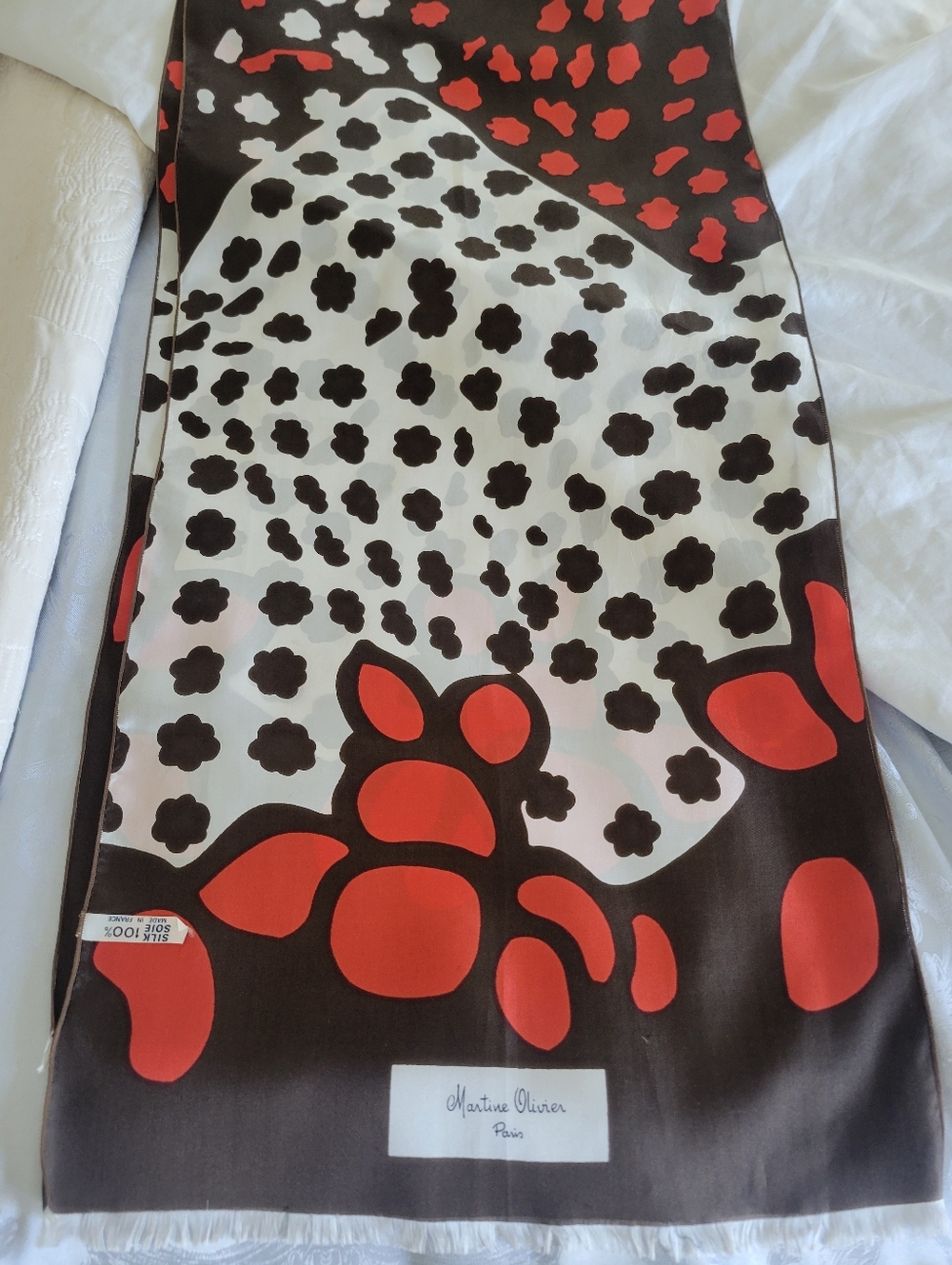 Vintage Long Scarf By Martine Olivier Paris Floral Print Silk  Signed.70X15 Inch